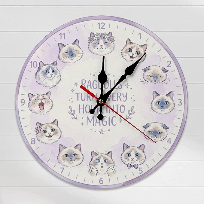 Cute Ragdoll Cats Wooden Wall Clock Silent Non Ticking Battery Operated for Bedroom Living Room Office Home Decor Gift for Cat Lovers 10/12 Inch Round