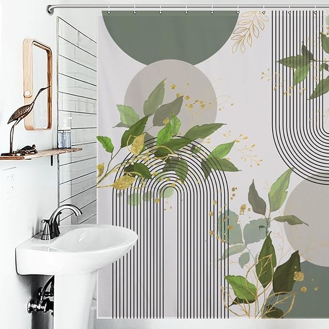Boho Green Shower Curtain, Mid Century Modern Abstract Gold Leaves Plant Minimalist Bathroom Curtain Polyester Waterproof Fabric Decor 72x72in（183x183cm）