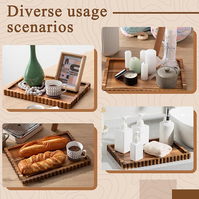 Lounsweer Acacia Wood Decorative Tray for Home Decor, 14'' x 10'' Wooden Serving Tray for Coffee Table Centerpiece Dining Kitchen Island Decoration Bathroom Counter Display