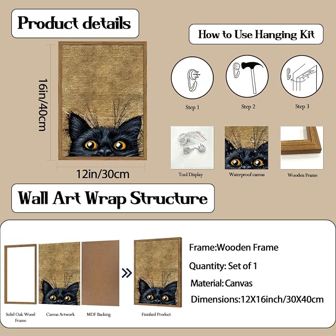 Cute Black Cat Wall Art Funny Cat Wall Decor Painting, Eclectic Animal Poster Canvas Print Picture for Living Room Bedroom 12x16 inch Wood Framed