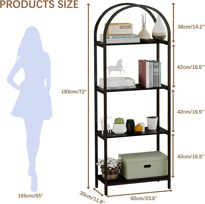 Bookshelf Arched Bookcase, 4 Tier Open Shelves with Metal Frame, Tall Freestanding Display Shelf for Home Office, Living Room,Easy Asssemble, Black