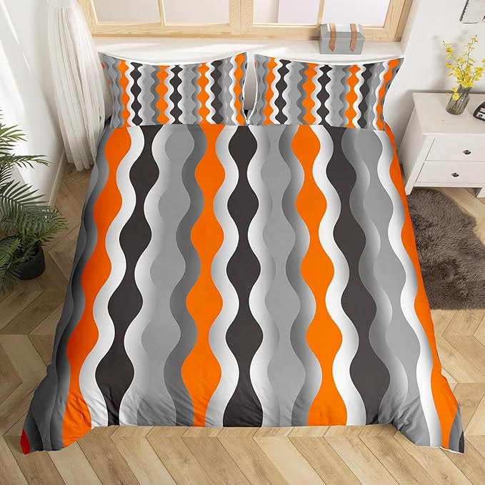 Orange Comforter Cover Mid Century Geometric Bedding Set Retro Black Grey Striped Duvet Cover for Kids Boys Girls Abstract Modern Decor Bedspread Cover Room Decor Bedclothes Twin Size (No Comforter)