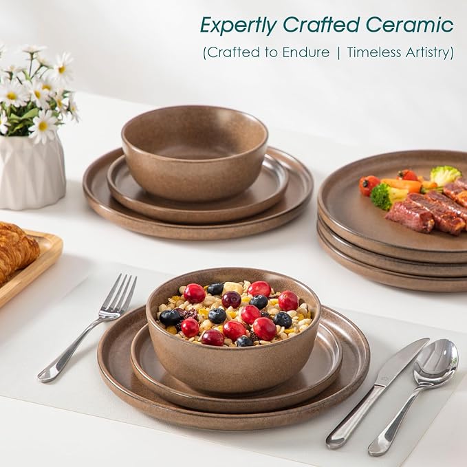 vancasso Plates and Bowls Sets, 18 Pieces Stoneware Dinnerware Set for 6, Ceramic Dish Set for Kitchen, Microwave and Dishwasher Safe, Muted Brown, Series ZERMATT