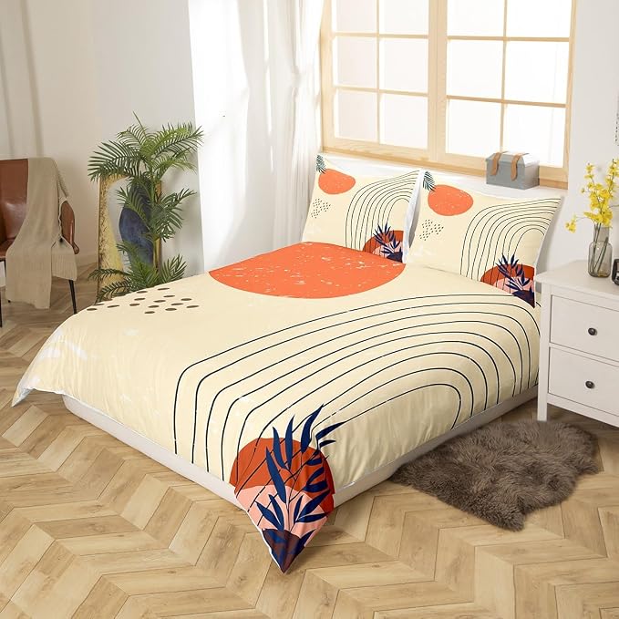 Retro Minimalism Comforter Cover Hippie Modern Bed Set, Mid Century Duvet Cover Queen Size Abstract Art Bedding Sets, Geometric Lines Stripes Bedspread Cover Red Sun Print Bedroom Decoratives