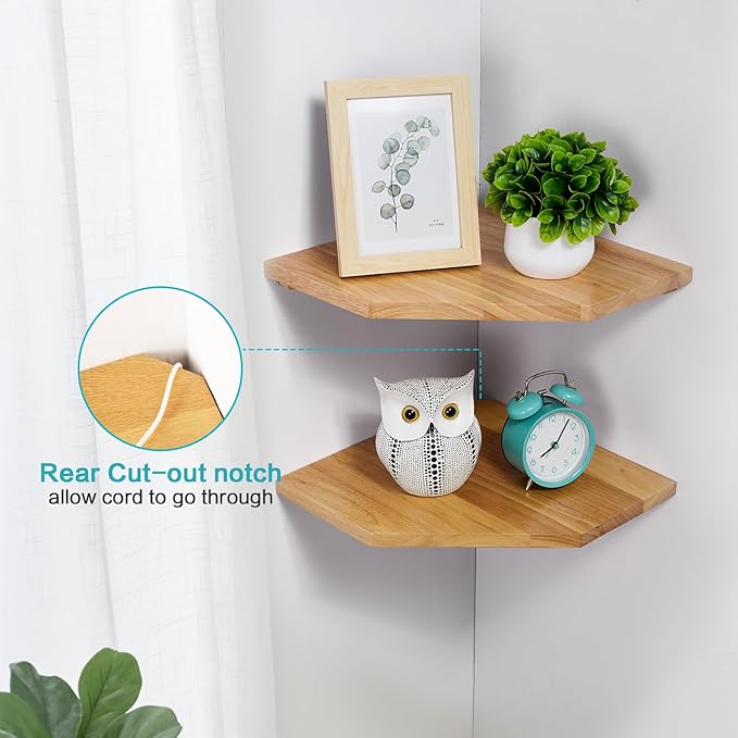 Corner Wall Shelf, Corner Floating Shelf Solid Oak Wood Display Shelf with Wire Hole Small Plant for Kitchen Living Room