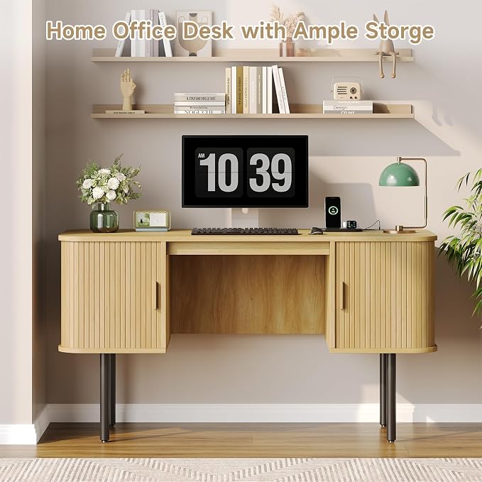55 Inch Fluted Computer Desk with Power Outlets,Mid Century Wood Office Desk with Storge Cabinets & Sliding Door,Large Executive Desk for Office, Study, Living Room, Bedroom, Oak