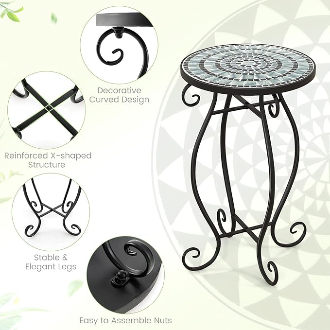 Giantex Outdoor Side Table, Mosaic Patio Table, 12 inch Accent Table Plant Stand Indoor, Ceramic Tile Top Metal Frame, Small End Table Porch Beach Patio Garden Balcony Poolside (Wave)
