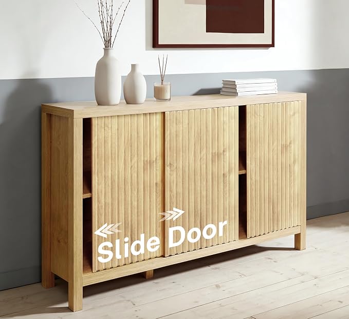ZYBT Fluted Sideboard Buffet Cabinet with Storage, Modern Credenza Buffet Sideboards Bar Cabinet Console Table with Adjustable Shelves Slide Door for Living Room Hallway Kitchen Entryway (Oak)