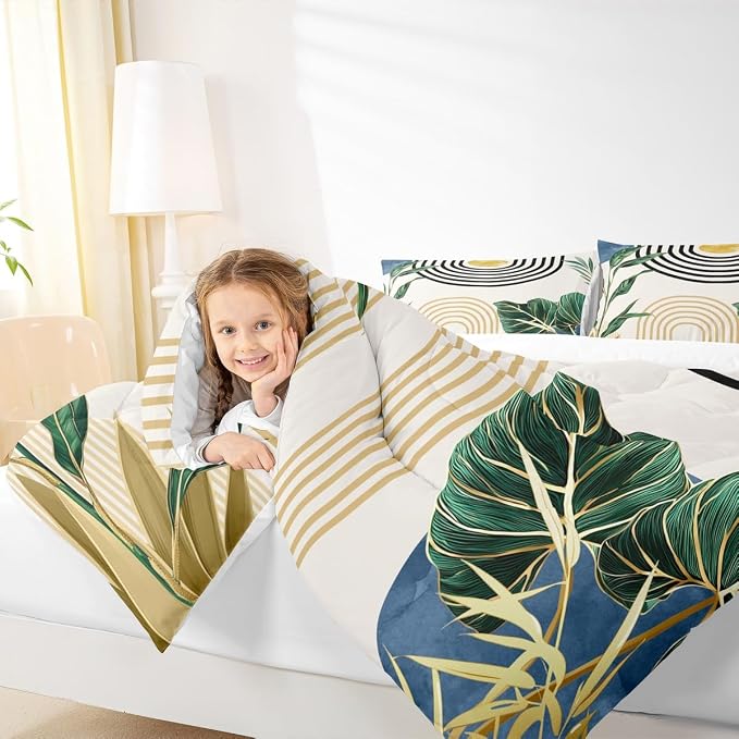 Erosebridal Navy Blue Boho Comforter Full Abstract Light Blue Mid Century Bedding Set Tropical Plant Minimalist Bedding for Kids Boys Girls Modern Geometric Aesthetic Duvet Insert 3Pcs Room Decor