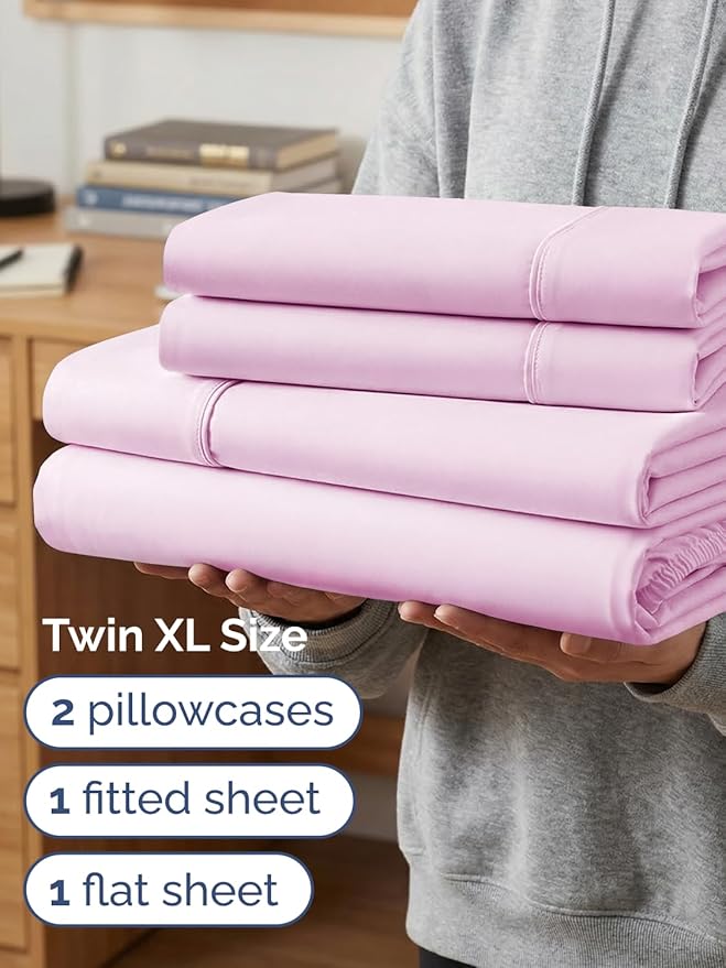 Extra Deep Twin XL Sheet Set - 4 Piece College Dorm Bed Sheets Set with Extra Deep Pockets - Ultra-Soft, Comfy & Breathable Bedding for Women, Men, Kids & Teens - Wrinkle & Fade Resistant - Light Pink