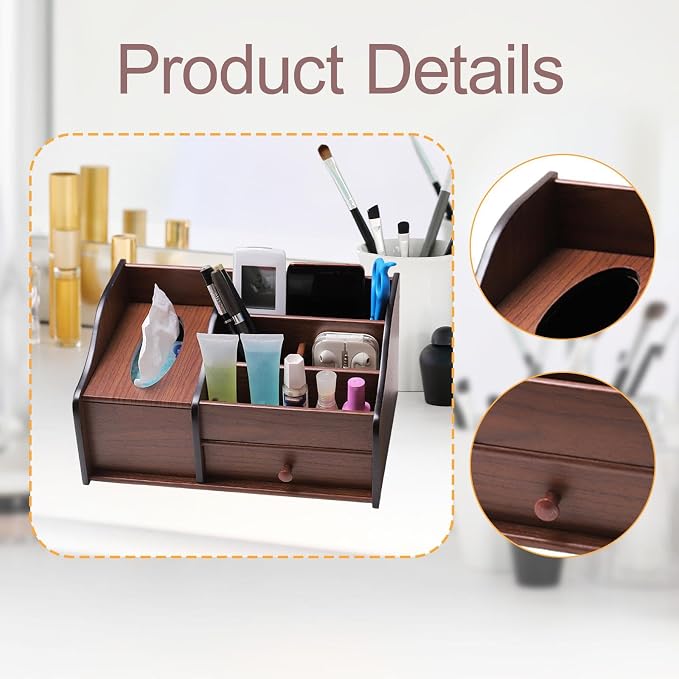 Fenteer Wood Desk Organiser with Drawer, Desk Tidy Container Case Vintage Design Tissue Box Cover Pen Holder for Living Room Counter