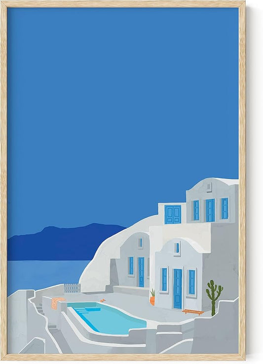 HAUS AND HUES Travel Greece Art - Mediterranean Wall Poster (Beige Frame, 24x36)