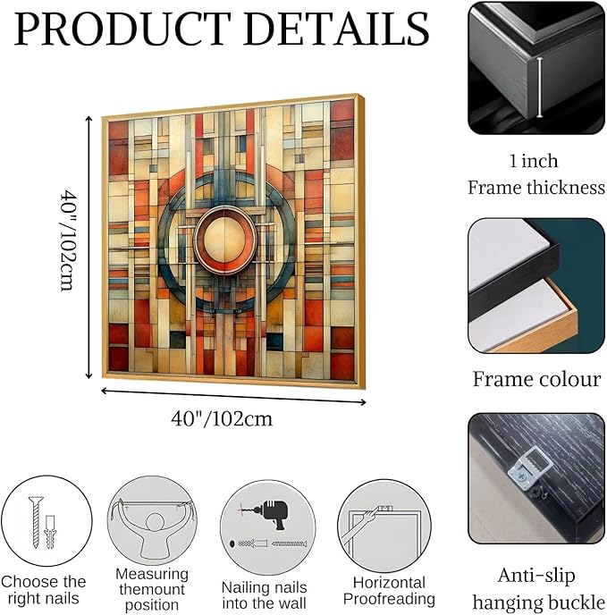 Glethua Mid Century Modern Colorful Canvas Wall Art, Geometric Abstract Wall Decor, Neutral Home Decor Aesthetic, Minimalist Artwork for Office Living Room Bedroom (Black Framed, 24"x24"/60x60cm)