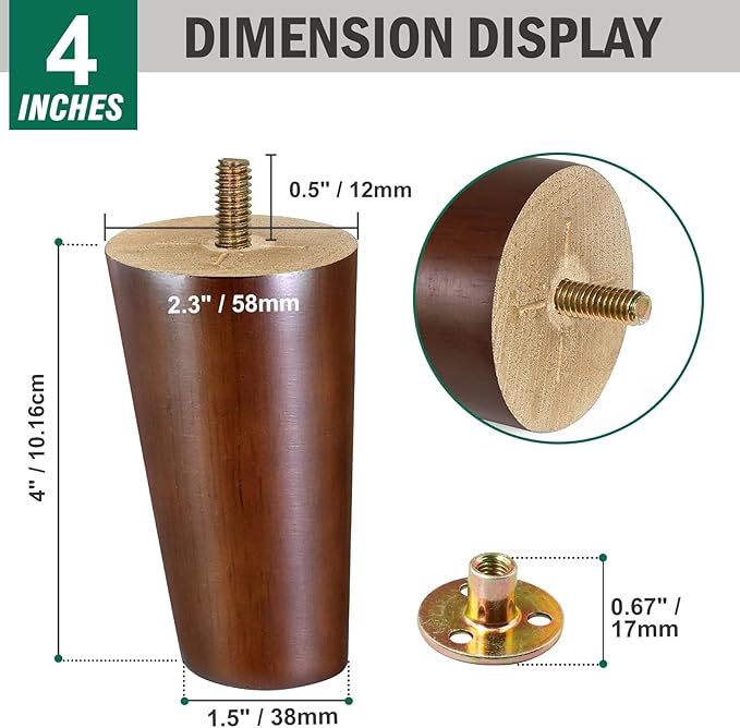 FoDau770 Brown Rubber Wood Furniture Legs 4 Inches, Slant Tapered Wood Feet Mid Century Sofa Legs Set of 8, 5/16" UNC Furniture Feet Replacement Parts for Cabinet Couch Dresser Chair Ottoman Table