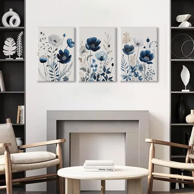 BingruiArt Navy Blue Canvas Wall Art Blue and Gray Boho Flower Wall Decor Floral Watercolor Art Prints Pictures Painting for Living Room Bedroom Bathroom 3Pcs 16x24in Framed