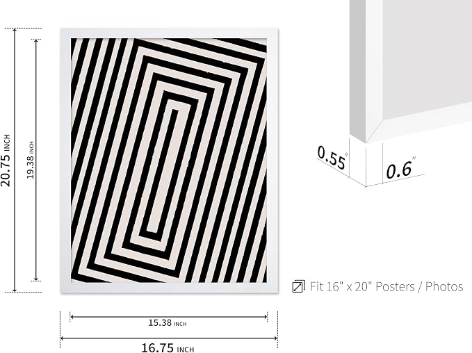 Poster Master Rectangle Tunnel Poster - Angular Swirl Print - Geometric Design - Abstract Design - Japanese Ink Art - Mid Century Modern Illustration - Living Room Decor - 16x20 White Framed