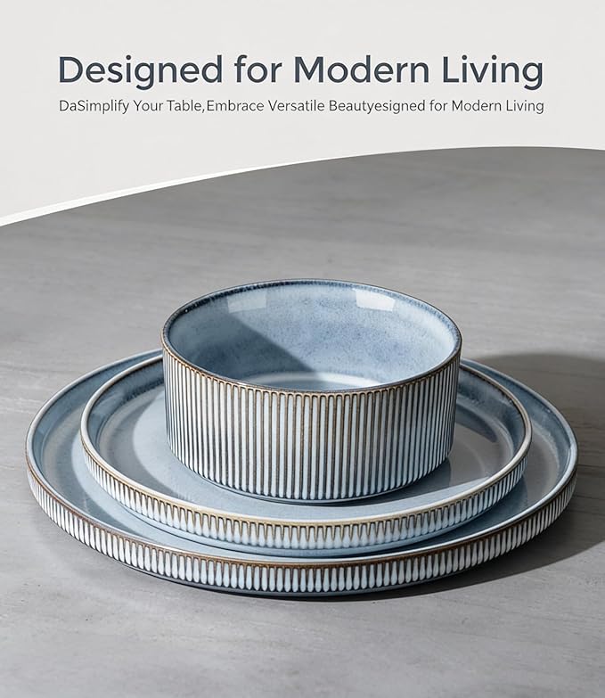 GBHOME 12-Piece Stoneware Dinnerware Set for 4 – Ribbed Ceramic Plates and Bowls, Scratch-Resistant, Microwave & Dishwasher Safe, Reactive Glaze, Deep Tidal Blue