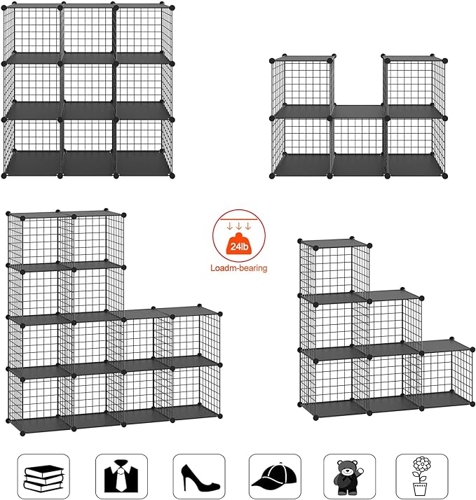HUBSON Wire Cube Storage Organizer, Book/Toy/Craft/Potted Plants and petCloset Organizers and Storage Shelves, 12-Cube Freely Combinable Metal Grids Storage Shelf,Black Plus Iron
