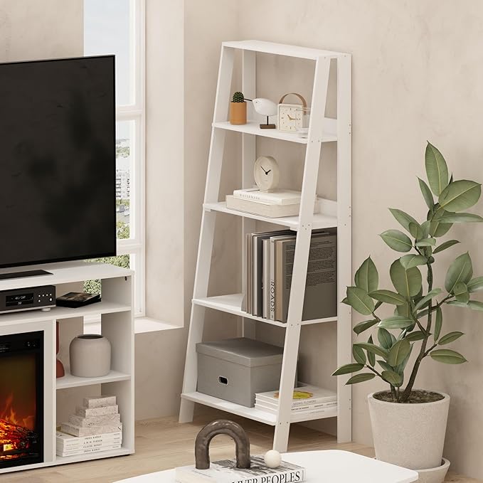 Furinno 5-Tier Ladder Shelf, White Ladder Book Shelf, Open Design Bookshelf, Display Storage Shelves, 13 x 23.6 x 53.5, for Living Room, Home Office, Plain White