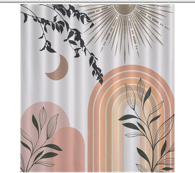 Mid Century Abstract Boho Shower Curtains Geometric Leaf Sun Modern Cafe Waterproof Shower Curtains for Bathroom Decor 12 Pack Hooks 66x72in（168x183cm）