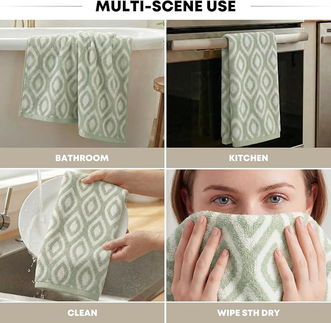 Artoid Mode 2 Pcs Beige Green Diamond Grid Jacquard Hand Towels for Bathroom, 100% Cotton Soft Absorbent Bathroom Decor Towels, 13.7 x 29.5 Inch