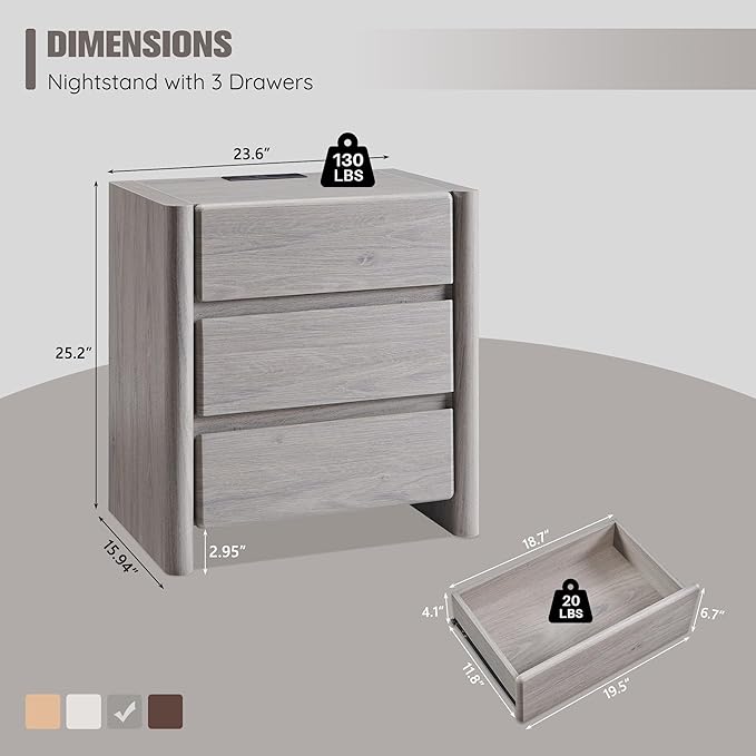 25" Tall Modern Nightstand Set of 2, 23.6" W Nightstand with Charging Station & 3 Storage Drawers & Open Shelf, Wood Night Stand w/Rounded Corner Design for Bedroom, Living Room (Light Grey)