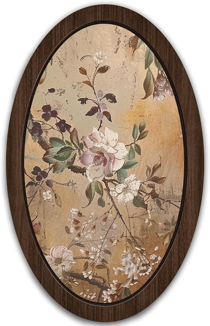 UYIKG Vintage Floral Oval Framed Wall Art Decor,Floral Botanical Oval Wooden Wall Decor,Rustic Farmhouse Cottage Core Wooden Framed Decorations for Theme Room Bedroom Living Room Home Office 9x14.6 in