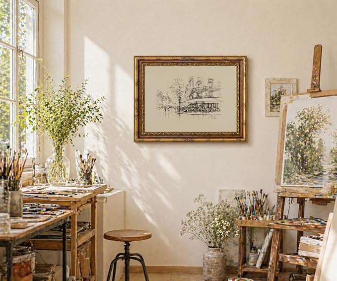 Vintage Paris Street Cafe Sketch Wall Art Print, Gold Framed European Cityscape Poster Living Room and Bedroom Decor 8x10 Inch