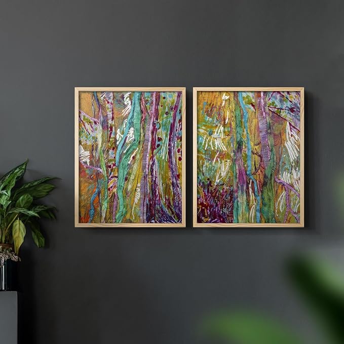 Renditions Gallery Set of 2 Peel & Stick Framed Prints, Modern Abstract Wall Art, Colorful Artistic Painting Wall Decor, Re-Stickable - Ready to Hang - 22"x28" - NATURAL WOOD Frame LT588