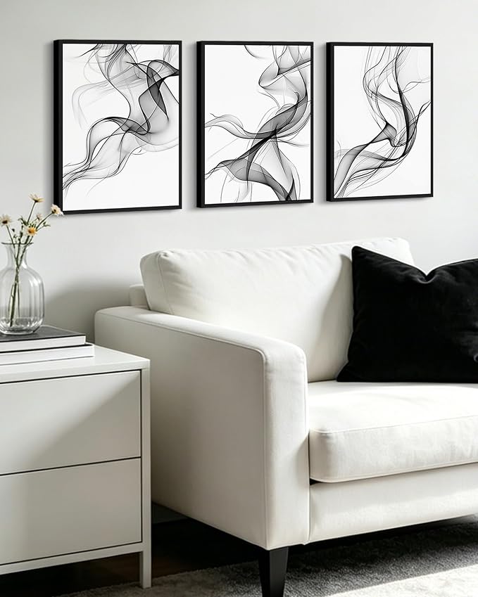 KUVIOKE Black White Abstract Framed Canvas Wall Art Ink Wash Pastel Wall Decor Modern Transparent Fog Illustration Art Painting for Bedroom Dining Room 12x16in (Black Framed)