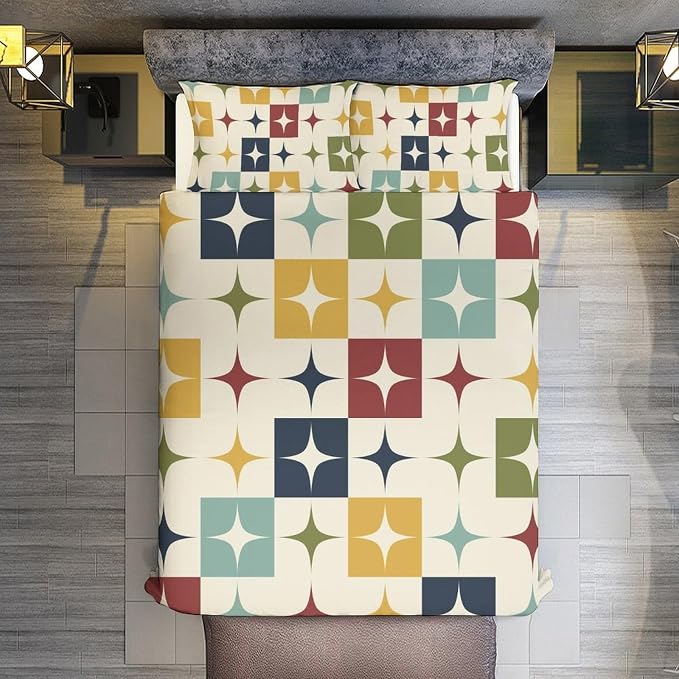 Mid Century Duvet Cover Sets Aesthetic Abstract Geometric Mid Century Retro Printed Lightweight Soft Quilt Cover Minimalist Soft Microfiber 3 Piece (1 Duvet Cover 68x86in + 2 Pillow Sham 20x30in)