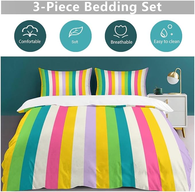 Rainbow Duvet Cover Set, Rainbow Lines Pattern Spectrum of Colors Abstract Art Decorative，Aesthetic Abstract Art Bedding 3 Piece (1 Duvet Cover 102"x90" + 2 Pillow Sham 20"x30")