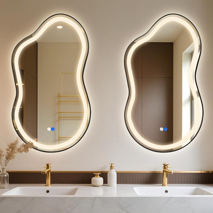 Irregular LED Bathroom Mirror with Lights, Cloud Smart Backlit Mirror, Dimmable Lighted Bathroom Mirror with Anti-Fog, Asymmetrical Vanity Mirror Hangable 2 Ways (Black, 24" x 36", 2 Pack)