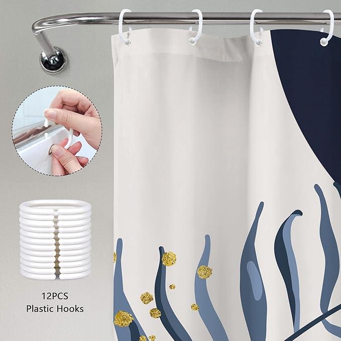 Navy Blue Boho Shower Curtain 72Wx72H Modern Abstract Bohemian Blue Gold Leaves Orange Minimalist Mid Century Plant Bathroom Decor Neutral Geometric Bath Curtain Fabric Polyester 12 Pack Hooks