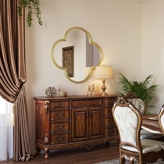 Vintage Wall Mirror Decor - 31.5" Large Antique Gold Four-Leaf Clover Mirror with Rope-Like Frame, Wall Decorative Mirrors for Living Room, Bedroom, Fireplace, Bathroom