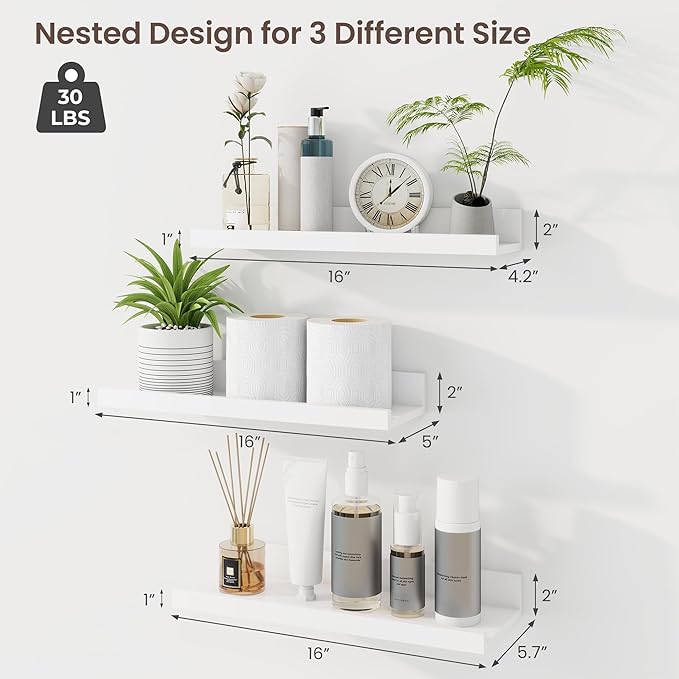 Axeman Picture Ledge Shelf | 16 Inch White Floating Shelves Set of 3 | Rustic Wood Wall Shelves with Lip | 16" White Picture Shelf for Wall with Ledge | Photo Shelves