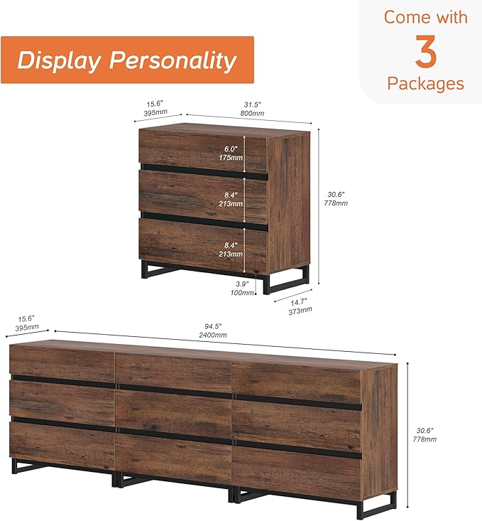 WAMPAT Dresser for Bedroom, Closet Organizers and Storage with 9 Drawers, Chest of Drawers with Metal Base, Wooden Modern Dresser for Living Room, Hallway, Entryway, Brown