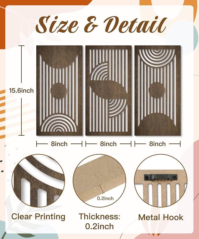 Putuo Decor Geometric Wood Wall Art Set of 3 Modern Mid-Century Modern Aesthetic Wall Decor Modern Wooden Wall Sculptures for Living Room Office Hallway Brown Line Art Decor