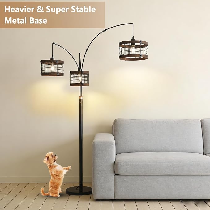 3-Lights Vintage Wood Floor Lamps for Living Room, Black Arc Floor Lamp for Bedroom, Industrial Standing Lamp for Office, Dimmable Tall Lamp, Arched Corner Floor Lamp, Over Couch Reading Lamp