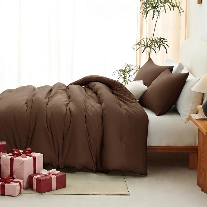 CozyLux King Size Comforter Set Brown, 3 Pieces Lightweight Down Alternative Quilted Bedding Sets, All Season Soft Breathable Solid Comforter with 2 Pillowcases, Luxury Bed Set Gift for Home