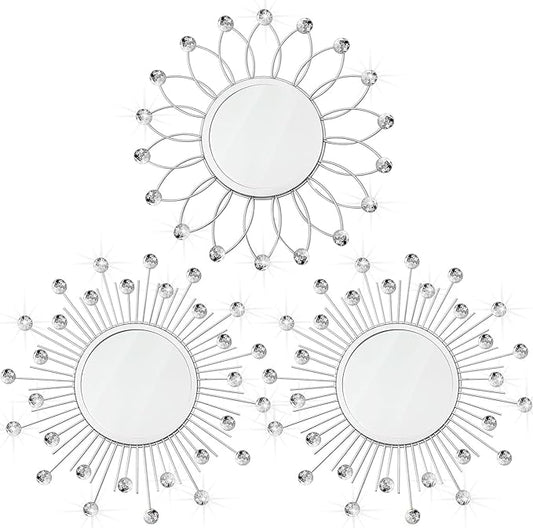 3 Pack Metal Mirrors for Wall Sunburst Wall Mirrors Home Décor Decorative Hanging Wall Art for Living Room Bedroom Entryway (Silver Crystal, Flower+Sunburst)