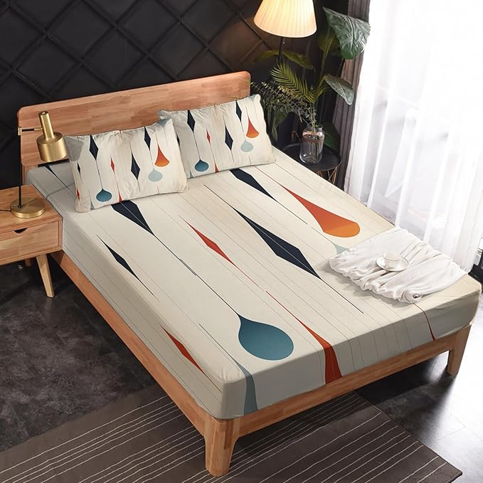 Mid Century Modern Bed Sheets Cal King Size, Geometric Abstract Sheet Set, Soft Microfiber Deep Pocket Wrinkle Free Fitted Sheet & Flat Sheet & Pillowcase Sets, Neutral Retro Bedding Sheets - 4 Piece