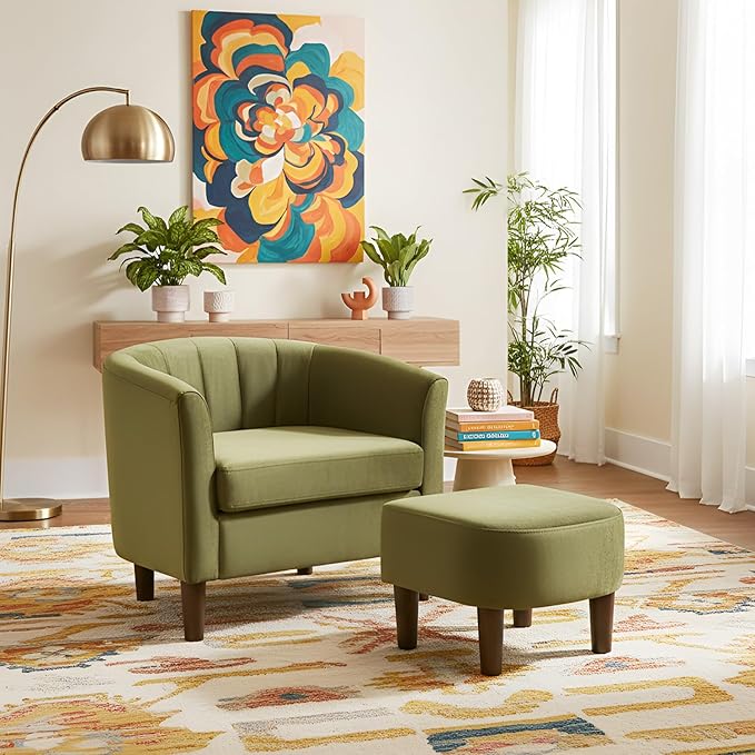 FDW Velvet Barrel Accent Chair with Ottoman, Modern Armchair with Ottoman Set, Comfortable Reading Chair for Living Room, Bedroom & Apartment Lounge, Green