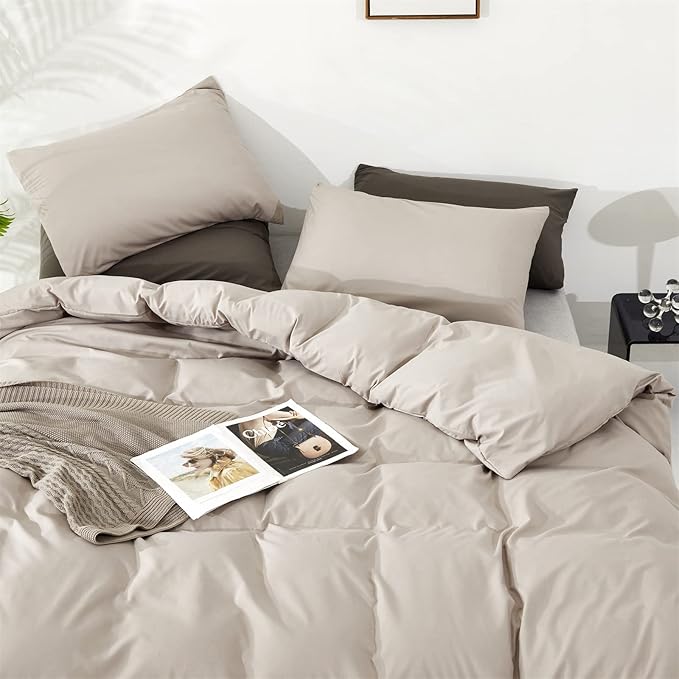 Pureant Beige Khaki Comforter Set Full Size Light Khaki Bedding Set 3PCS Solid Oatmeal Comforter Modern Soft Women Men Cream Coffee Bedding Light Taupe Full Size Quilts Cotton Champagne Bedding