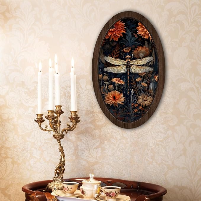 UYIKG Vintage Dragonfly Wall Art Decor,William Morris Dragonfly Floral Oval Wall Decor, Cottagecore Wooden Framed Wall Decorations for Theme Room Home Bedroom Living Room 9x14.6 in
