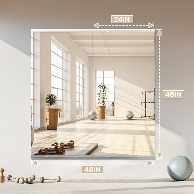 Home Gym Mirror, 48''X24''(Each) -2PCS Full Body Mirror for Yoga, Garage, Dance Studio, Anti-Rust, Tempered Glass,Frameless Mirrors, Wall-Mounted Large Workout Mirrors