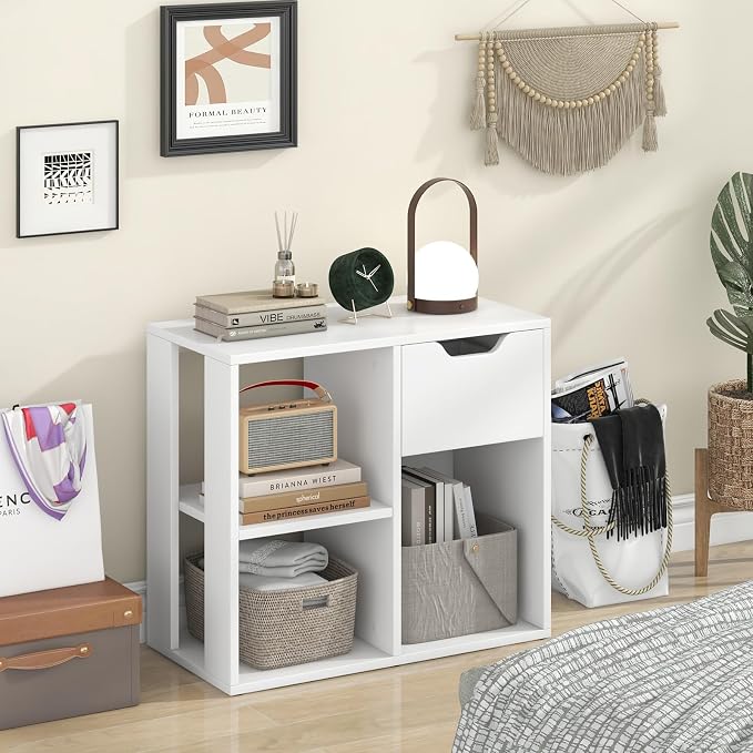 LOKO 3-Cube Bookshelf with Drawer Set of 2, 2-Tier Open Shelf Bookcase, Freestanding Display Shelf, Modern Home Storage Organizer, Shelving Unit for Living Room, Study, Office (2, White)