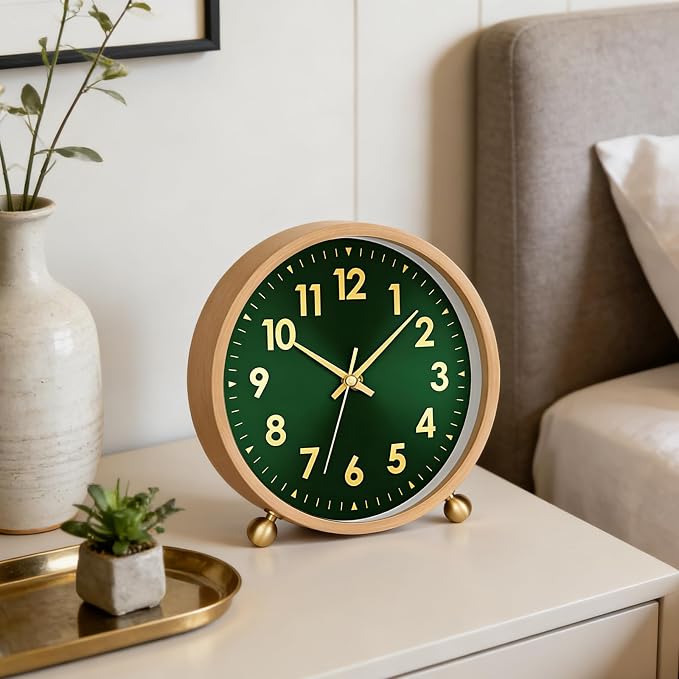 Maxspace Wooden Table Clock,8in Silent Non-Ticking Desk Clockwith Gold Ball Base, Battery Operated Desktop Analog Clock for Living Room Office Bedroom Decor (Green Gold - Log, Copper Ball Base)