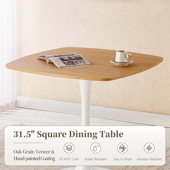 Square Dining Table,31.5" Tulip Table with Metal Pedestal,15-Minute Quick Assembly,Mid Century Modern Leisure Table for Kitchen Small Places Cafe (Faux Oak)