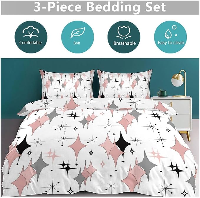 Mid Century Comforter Set for Girls,Modern Pink Grey Abstract Atomic Geometric Pattern Retro 1950s 1960s Style Bedding Set with Pillowcase for Bedroom Bed Decor，Twin 86"x70"